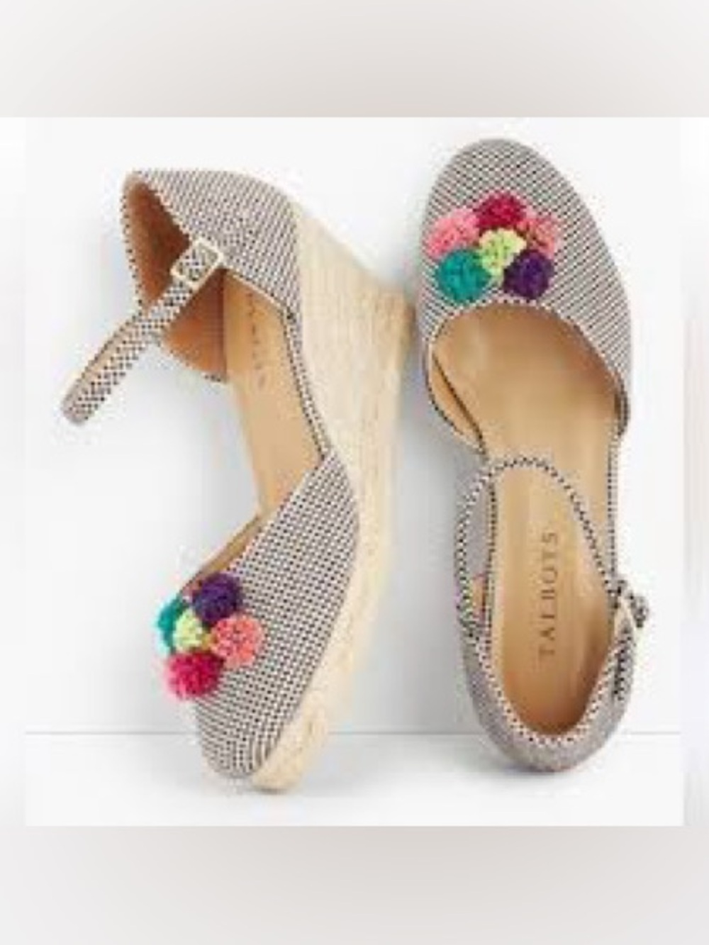 Talbots Lyndsay D’Orsay Two-Tone Cotton Espadrille Wedge Sandals Pom Pom 9,5